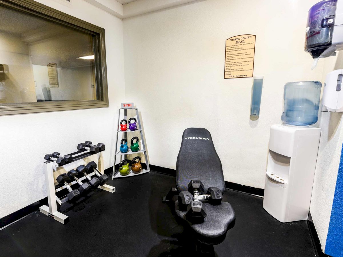 A small gym room contains a bench, dumbbells, kettlebells, a water cooler, and a cleaning wipe dispenser on the wall.