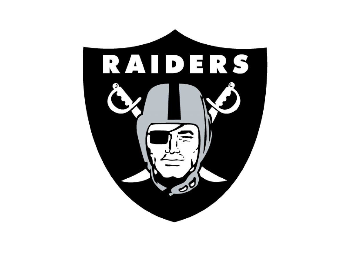 The image shows the logo of the Las Vegas Raiders, an NFL team, featuring a shield with a pirate wearing an eyepatch and helmet with crossed swords behind.